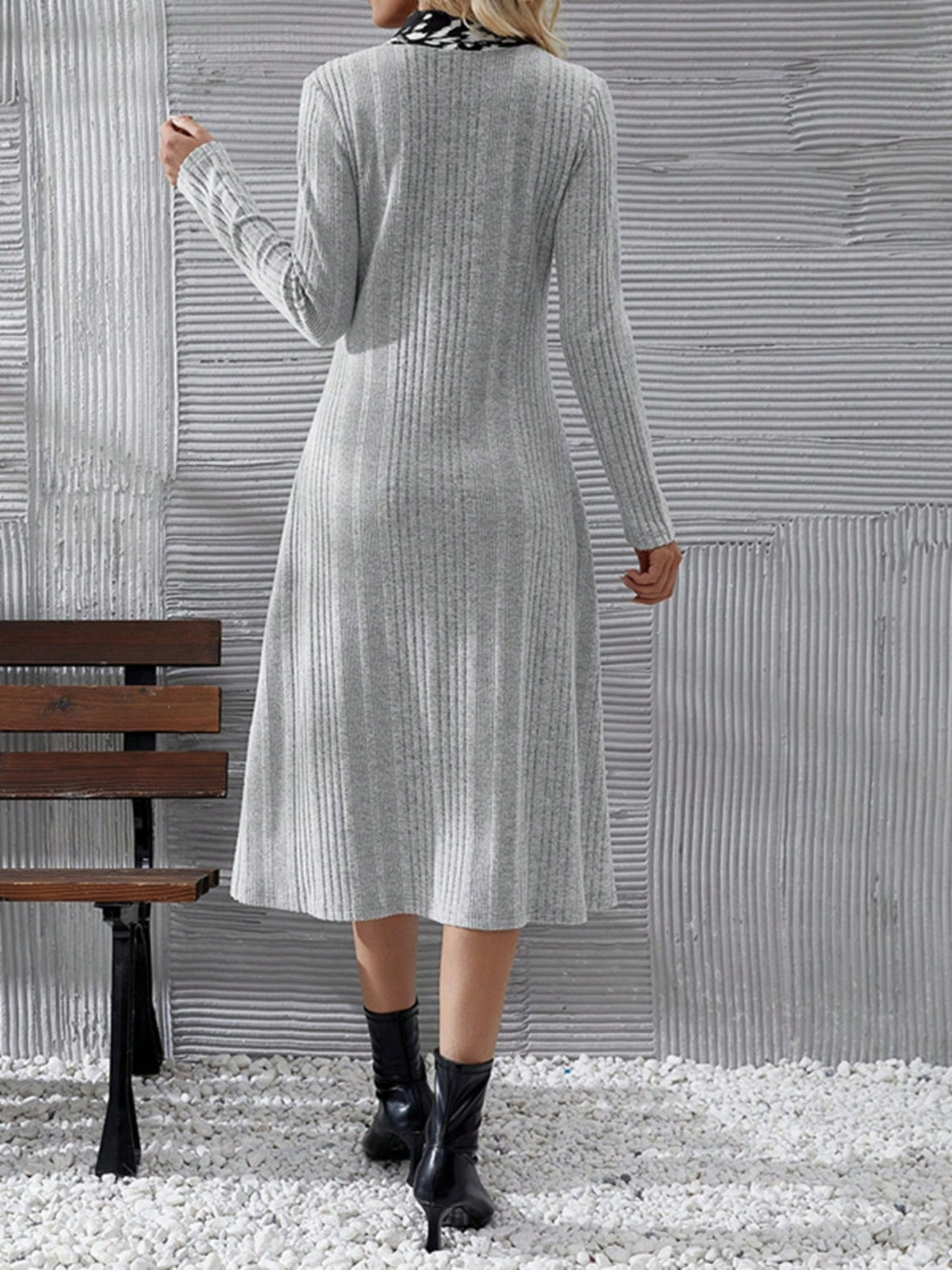 V-Neck Long Sleeve Midi Dress