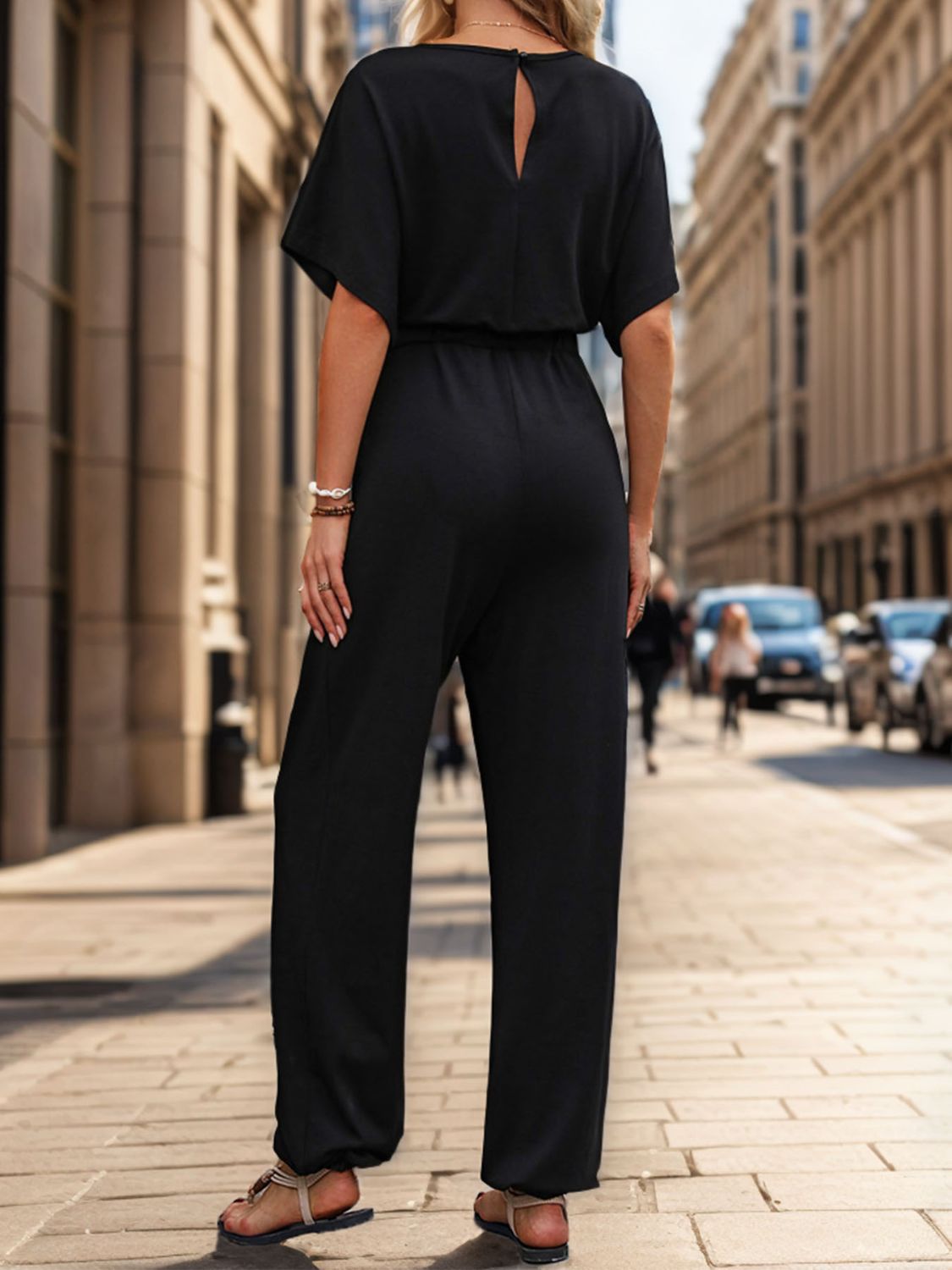 Notched Half Sleeve Straight Jumpsuit